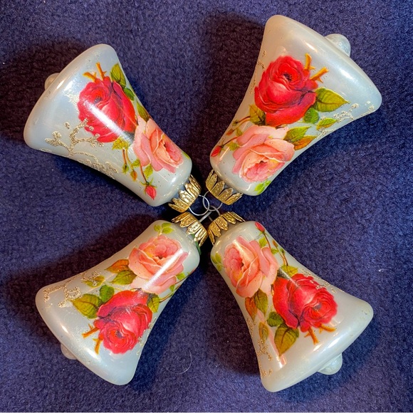 4 Krebs Glass Bell Ornaments with Victorian Roses & Glitter Scrolling Vintage - Picture 2 of 6